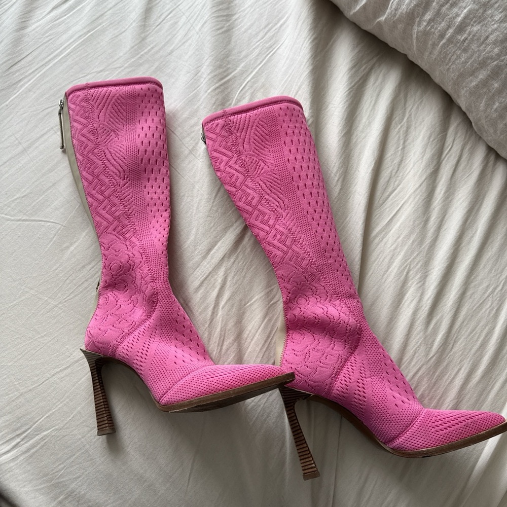 Fendi Pink Jacquard Mesh Knit Heeled Boots 37